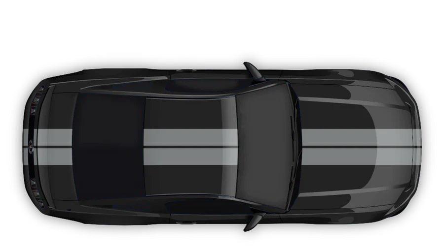 Gray dual racing stripes on black Ford Mustang hood roof and trunk full length stripe kit overhead view