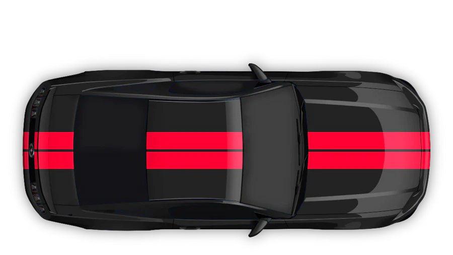Red twin racing stripes vinyl decals on black Ford Mustang full body hood roof trunk top view