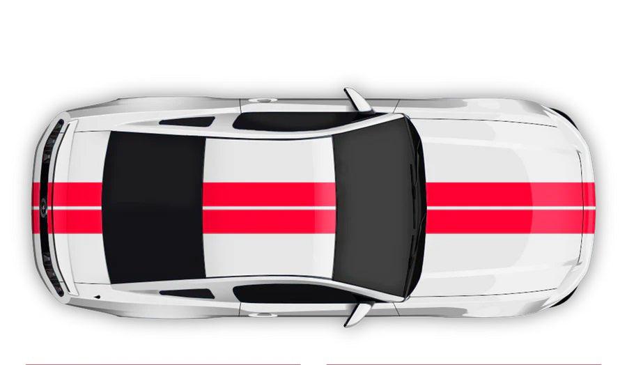 Red dual racing stripe kit on white Ford Mustang with full body hood roof trunk stripes top view
