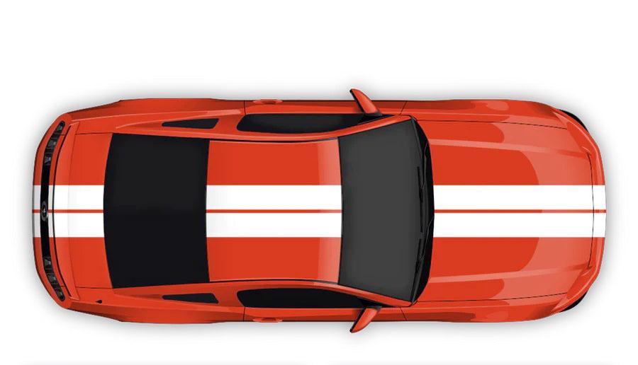 White twin racing stripe vinyl kit on orange Ford Mustang full length hood roof trunk top view