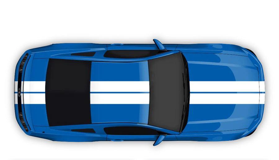 White dual racing stripes on blue Ford Mustang hood roof and trunk full body stripe kit top view
