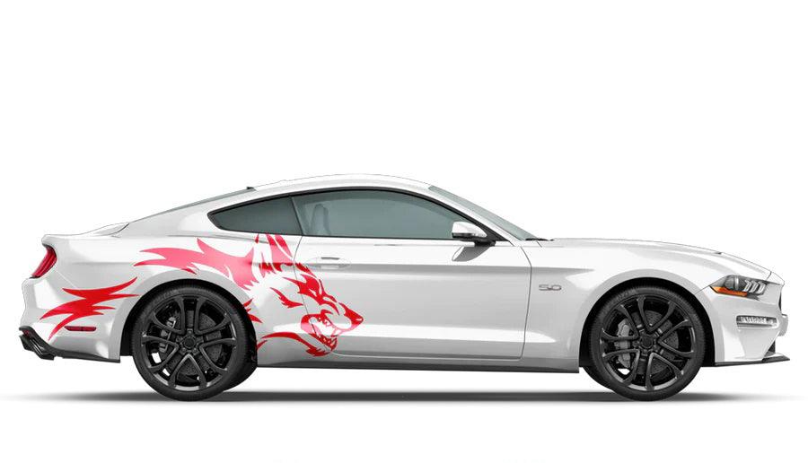 Red coyote head side stripe graphic kit on white Ford Mustang fender and door