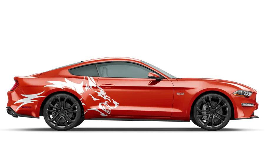 White coyote head fender side decal kit installed on red Ford Mustang GT 5.0