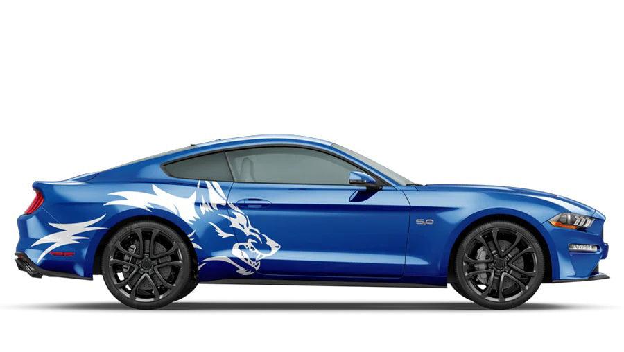 Ford Mustang side coyote head graphics kit in white on blue 5.0 coupe