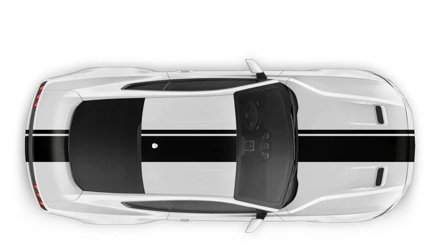 Black dual racing stripes full body kit on white Ford Mustang with hood roof trunk stripes overhead view