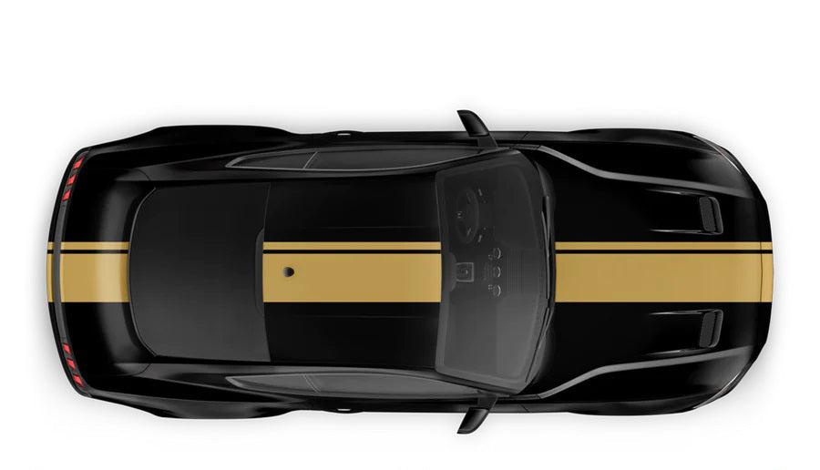 Gold dual racing stripes vinyl decals on black Ford Mustang hood roof trunk full body kit top view