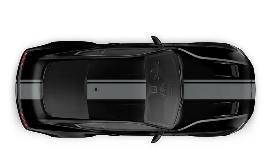 Gray dual racing stripe kit on black Ford Mustang full body hood roof trunk overhead view