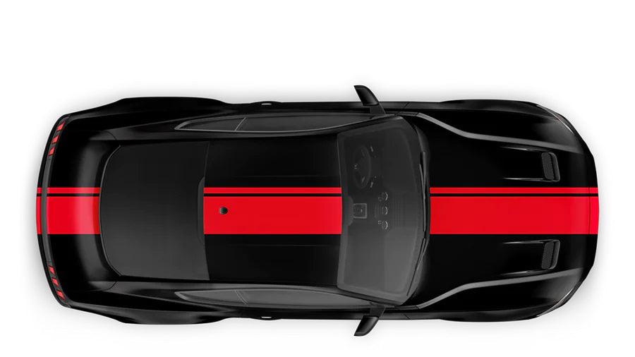 Red dual racing stripes full body vinyl kit on black Ford Mustang hood roof trunk top view