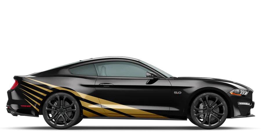 Gold rising sun side stripe graphics kit on black Ford Mustang GT 5.0