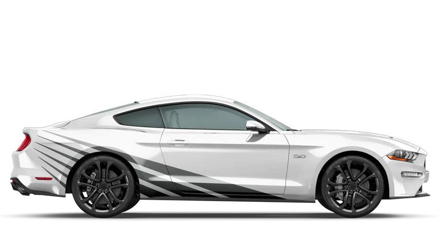Gray rising sun side decal kit on white Ford Mustang GT with angled stripe rays