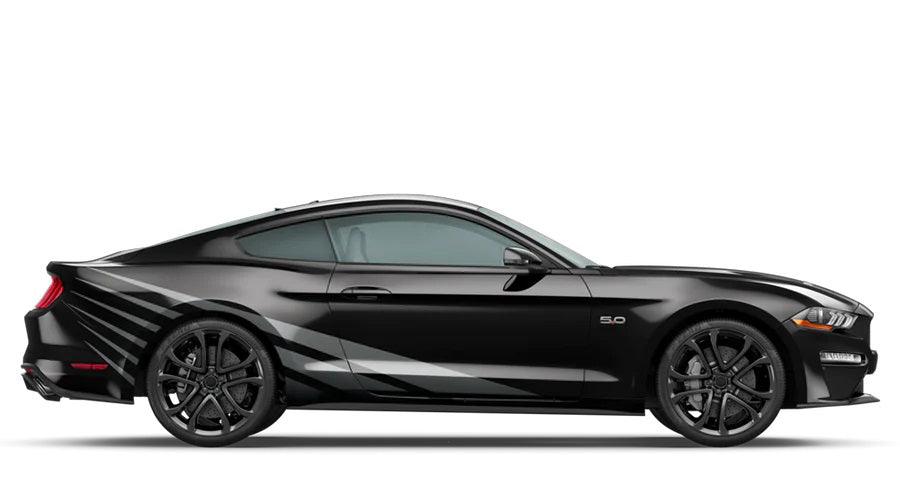 Gray rising sun style side stripes on black Ford Mustang rear quarter panel and door