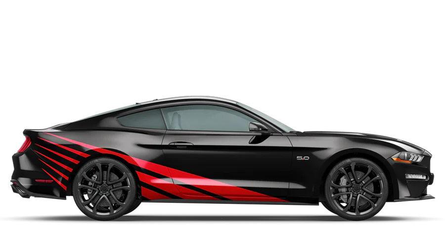Red rising sun side vinyl graphics kit installed on black Ford Mustang 5.0 coupe