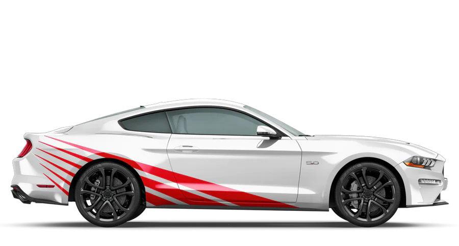 Red rising sun quarter panel and door stripe graphics on white Ford Mustang