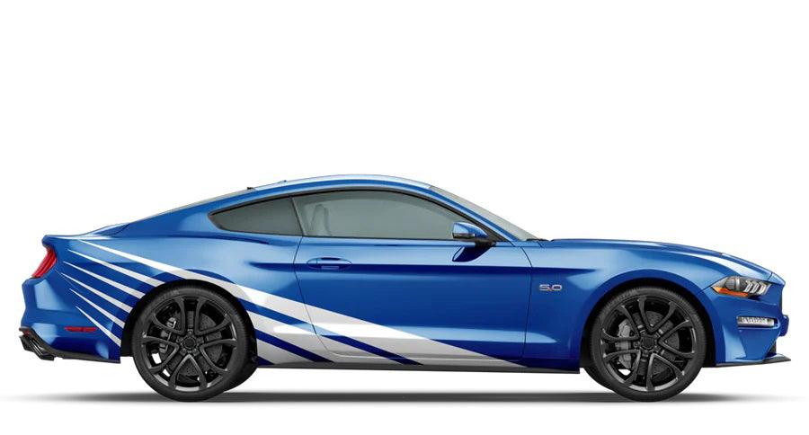 White rising sun side stripe decal kit on blue Ford Mustang GT 5.0
