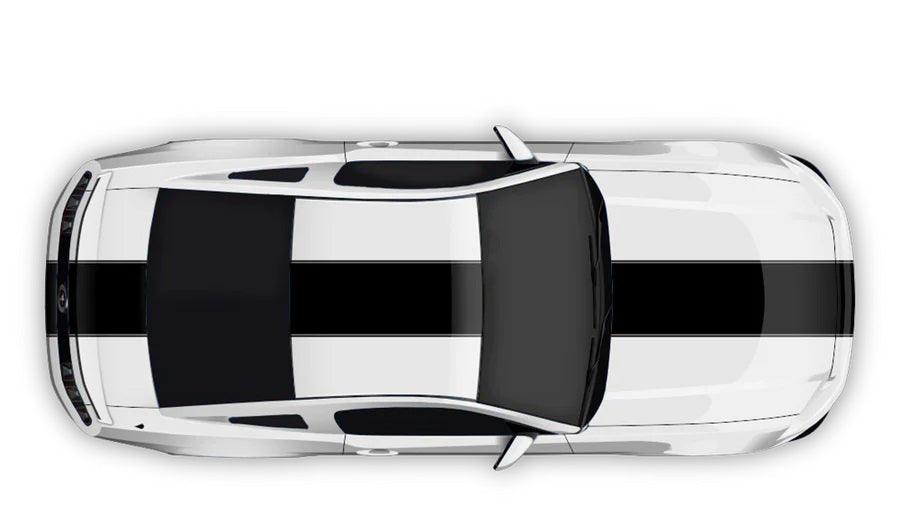 Black contoured full body racing stripes vinyl wrap kit on white Ford Mustang (5th and 6th gen) top view