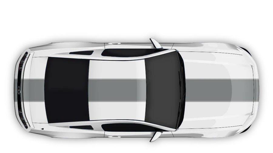 Gold contoured full body racing stripes vinyl decal kit on black Ford Mustang (5th and 6th gen) top view