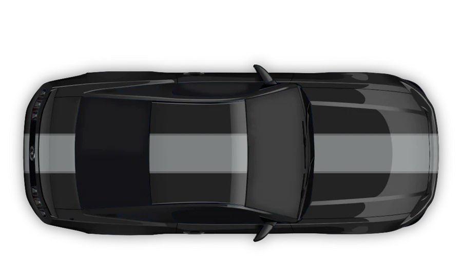 Gray contoured full body racing stripes vinyl stripe kit on black Ford Mustang (5th and 6th gen) top view