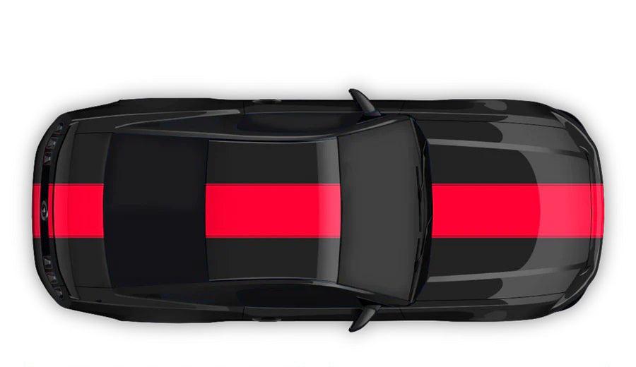 Red contoured full body racing stripes vinyl decal kit on black Ford Mustang (5th and 6th gen) top view