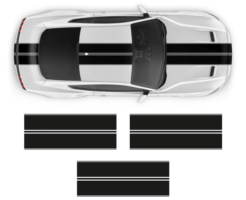 Ford Mustang 5th/6th gen full body double racing stripes kit layout showing hood, roof, and trunk stripe sections in black with thin white pinstripes