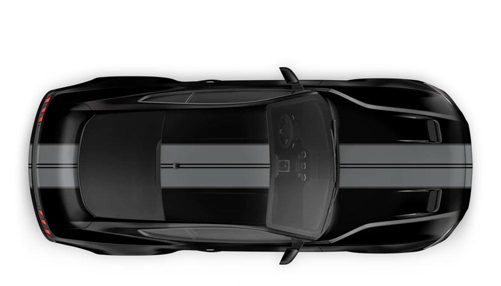 Ford Mustang 5th/6th gen full body double racing stripes kit in gray with thin black pinstripes on black Mustang