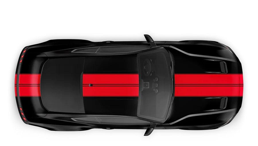 Ford Mustang 5th/6th gen full body double racing stripes kit in red with thin black pinstripes on black Mustang