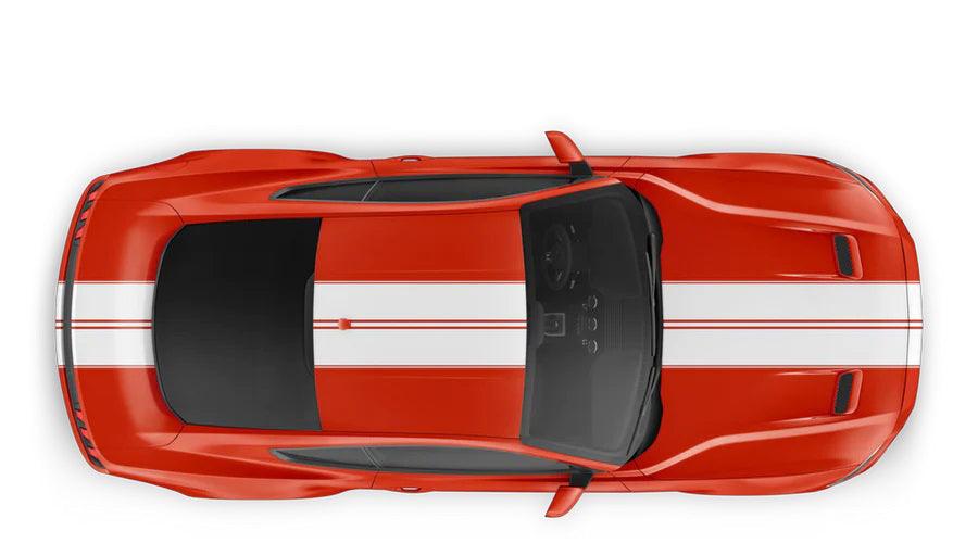 Ford Mustang 5th/6th gen full body double racing stripes kit in white with thin red pinstripes on red Mustang