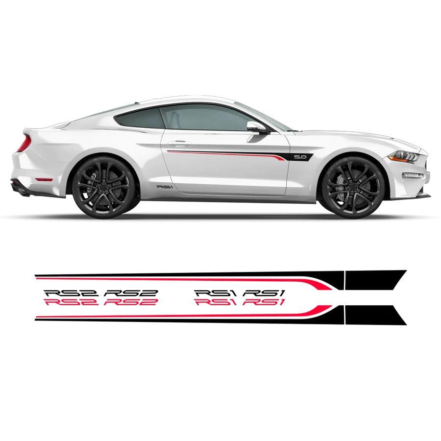 White 2015-2023 Ford Mustang side door stripe decal kit with black and red accent line, Roush style RS1 RS2 graphics