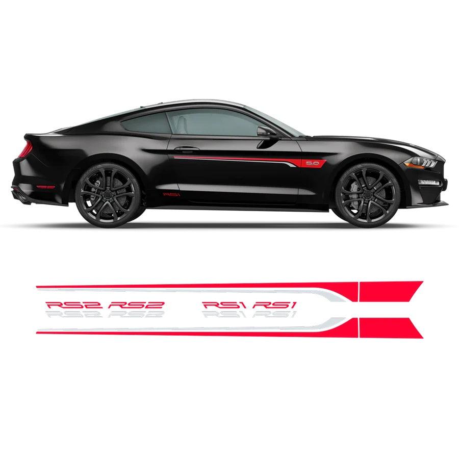 Black 2015-2023 Ford Mustang side door stripe kit with red main stripe and silver gray accent, Roush RS1 RS2 door graphics