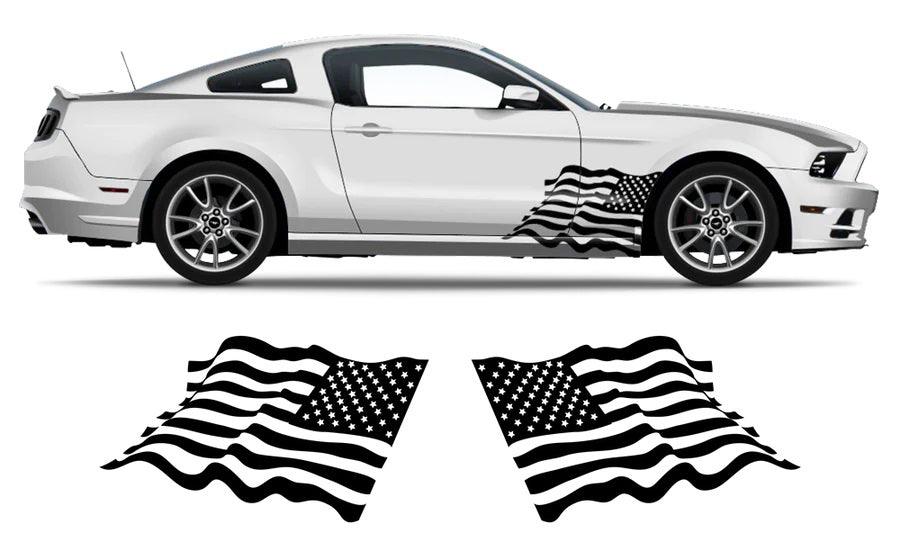 Black waving USA flag fender side decal kit for Ford Mustang with driver and passenger flag design preview