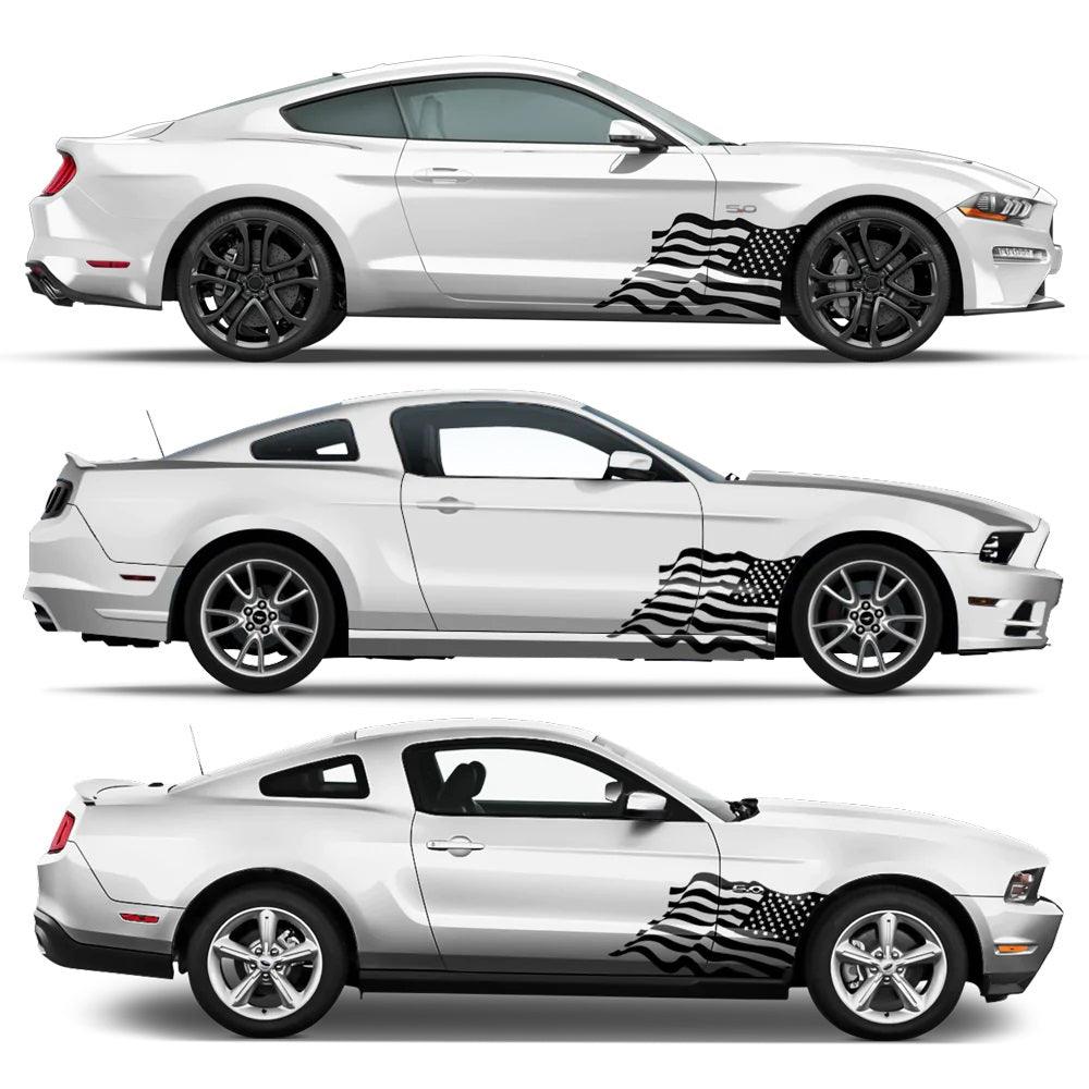 Black waving USA flag fender side decal kit for Ford Mustang with driver and passenger flag design preview
