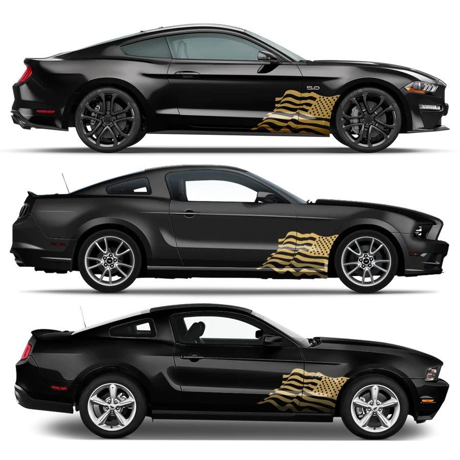 Gold waving USA flag fender side vinyl decal kit on black Ford Mustang shown across model generations