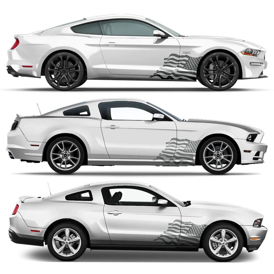 Gray American flag side decal installed on white Ford Mustang with multiple body style examples
