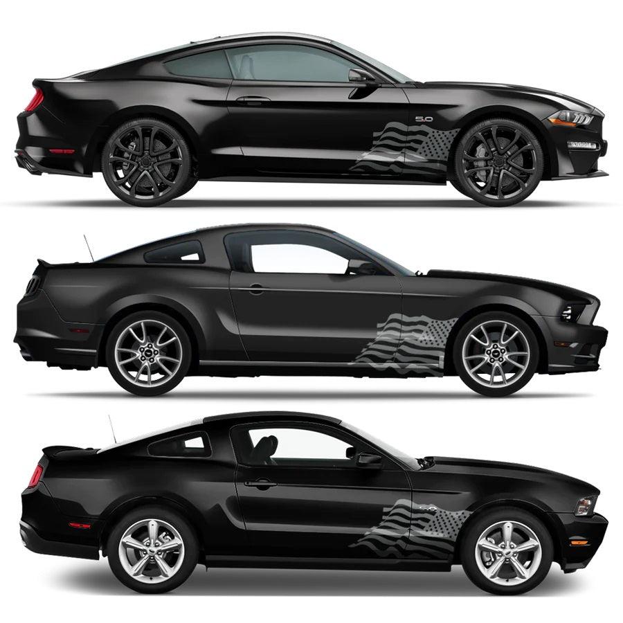 Gray waving USA flag fender side decals on black Ford Mustang with 5th and 6th gen side views