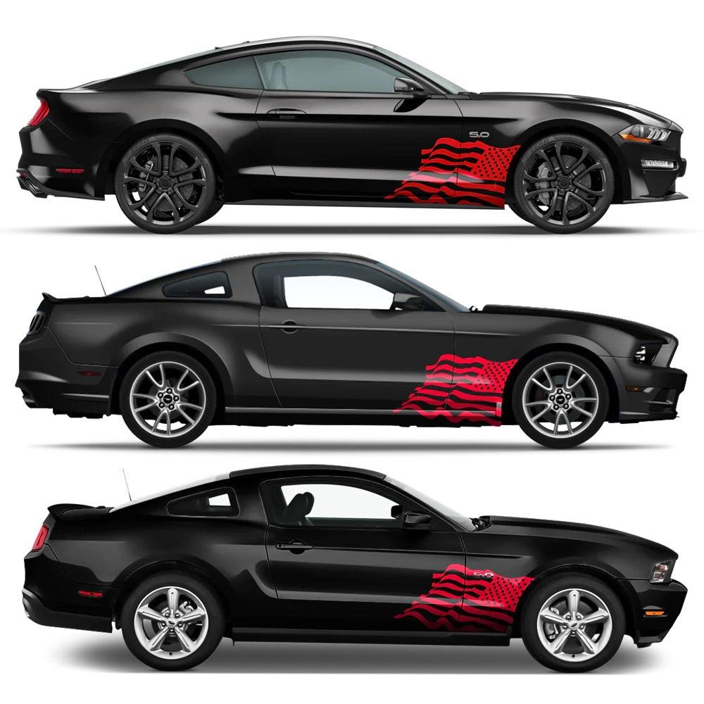 Red American flag side vinyl decal kit shown on black Ford Mustang across multiple model years