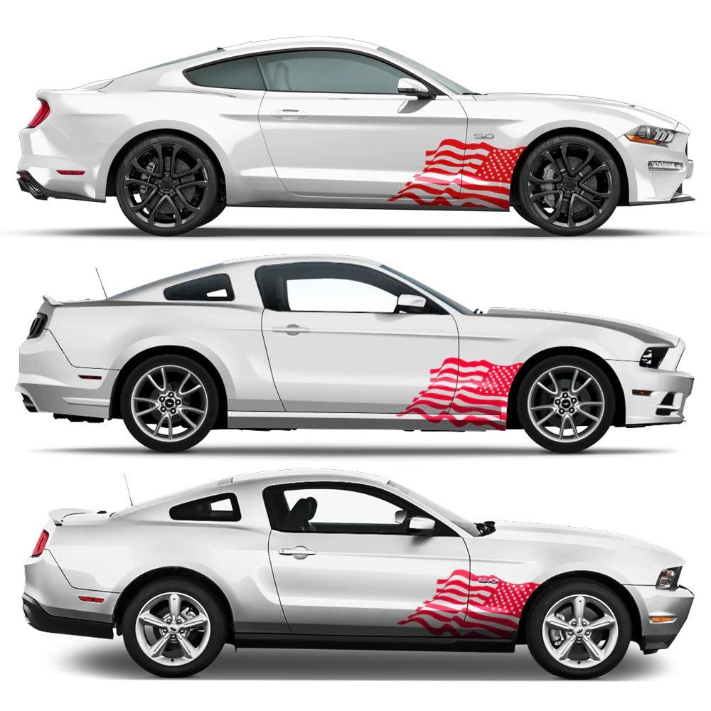 Red waving USA flag fender side decal on white Ford Mustang with 5th and 6th gen fitment examples