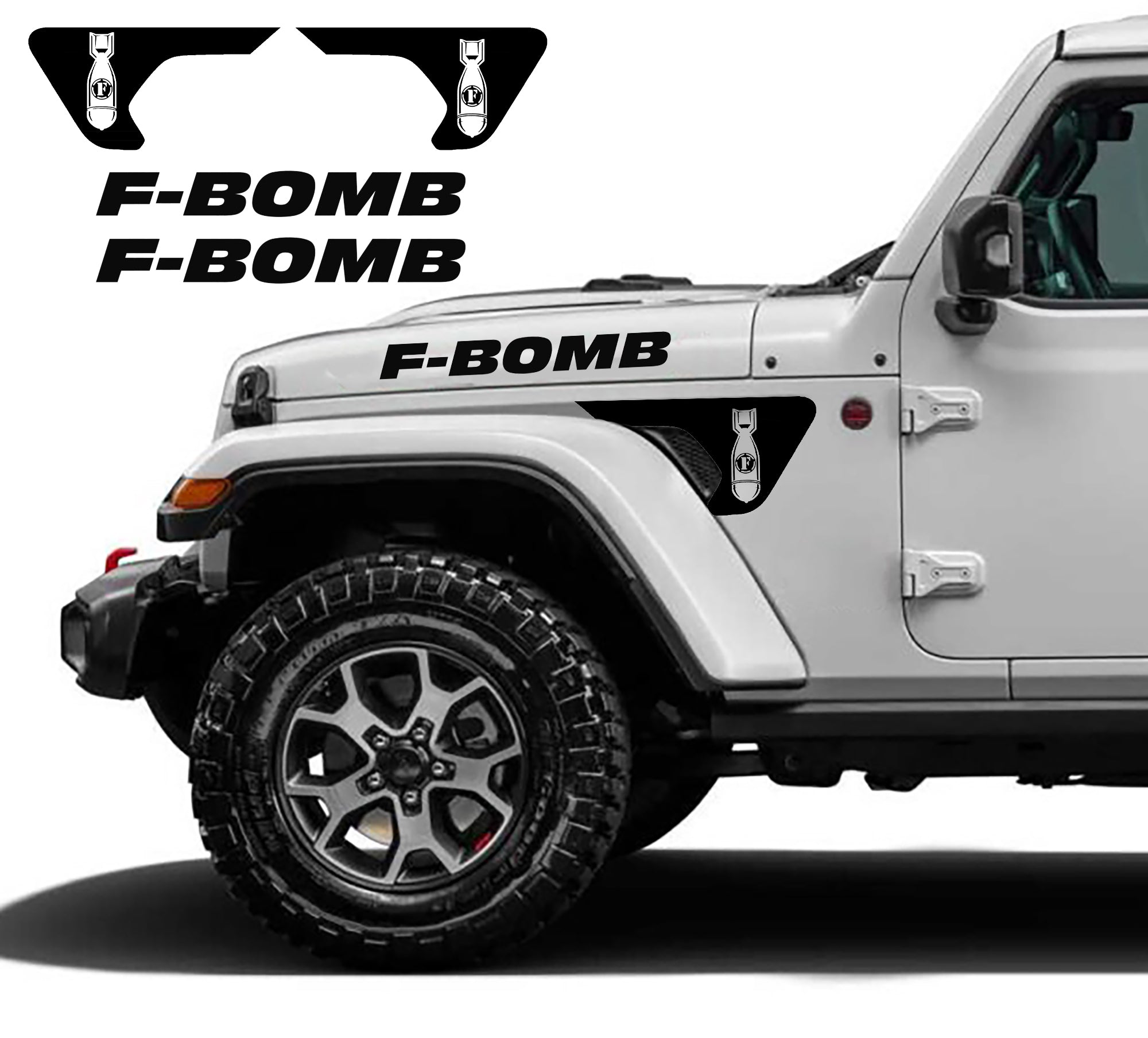 f-bomb hood and fender decal kit for jeep wrangler jl 2018 to 2023 models