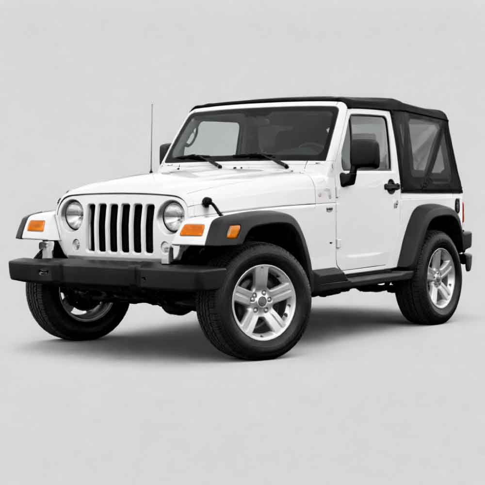White Jeep Wrangler TJ shown in a front three quarter view with a black soft top on a clean gray studio background, used for custom decals, graphics, and sticker kits.