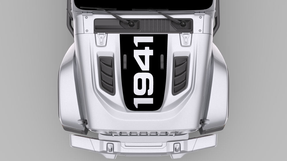 Jeep Wrangler JL hood decal blackout panel with 1941 heritage numbers in white vinyl