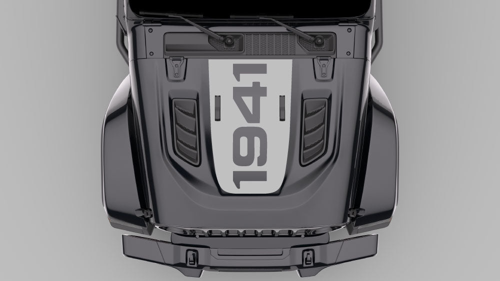 Gray 1941 heritage hood decal blackout overlay installed on black Jeep Wrangler JL hood