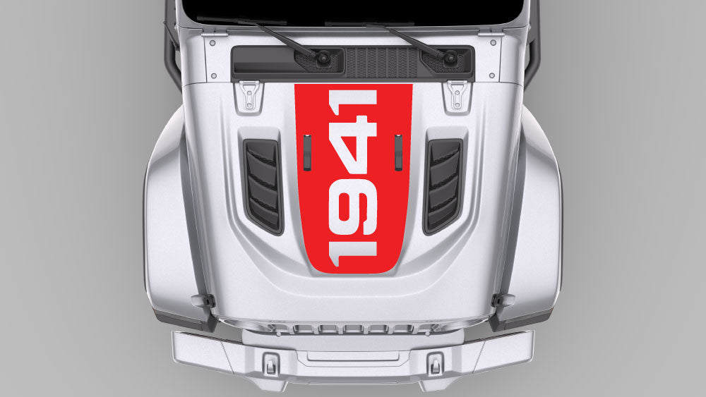 Red hood blackout decal with bold 1941 heritage numbers for Jeep Wrangler JL Rubicon