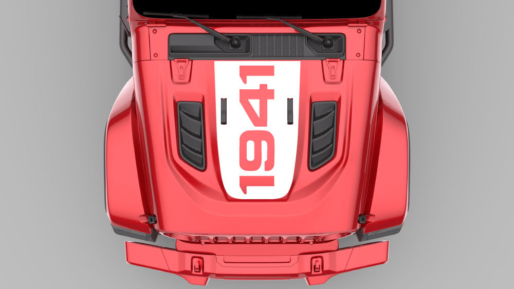 White hood blackout stripe decal with 1941 heritage numbers on red Jeep Wrangler JL hood