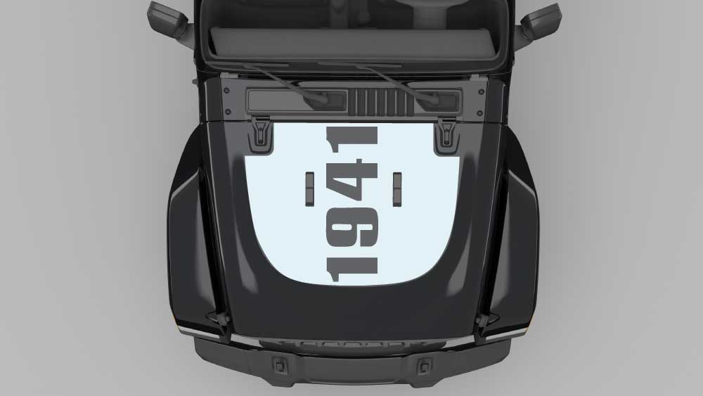 1941 Heritage hood decal graphics in white on black Jeep Wrangler JL hood