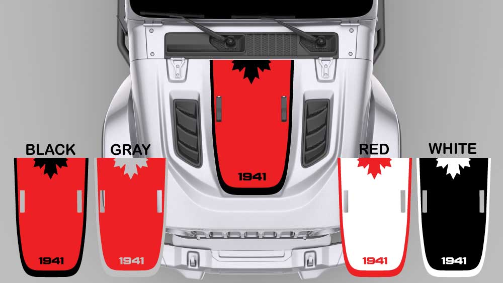 1941 Redline heritage hood stripe decal mockup on Jeep Wrangler JL hood with color options shown (black, gray, red, white)