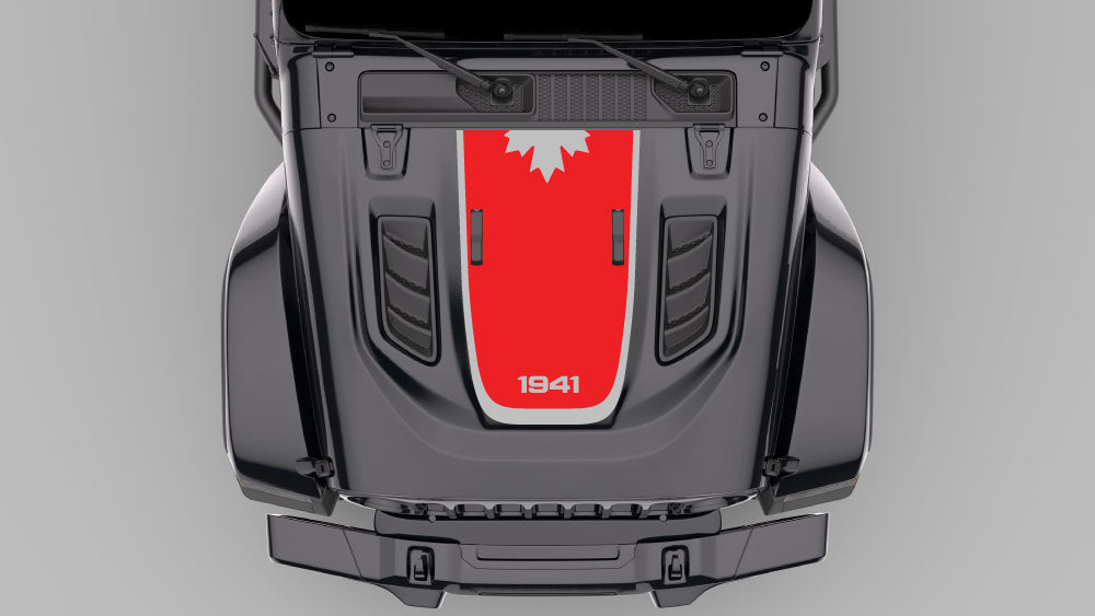 Gray Jeep Wrangler JL hood with red 1941 Redline heritage center stripe decal installed