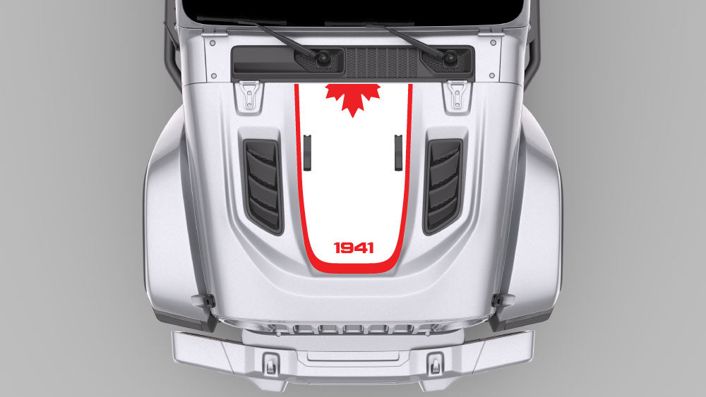Silver Jeep Wrangler JL hood with white and red 1941 Redline heritage stripe decal installed