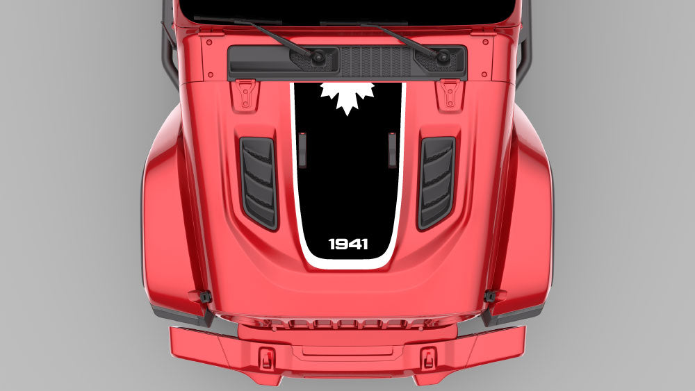 Red Jeep Wrangler JL hood with black and white 1941 Redline heritage stripe decal installed