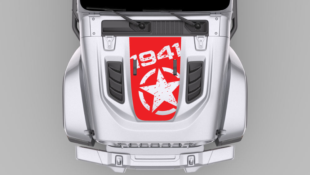 1941 War Star hood decal in red color on Jeep Wrangler JL Gladiator JT hood