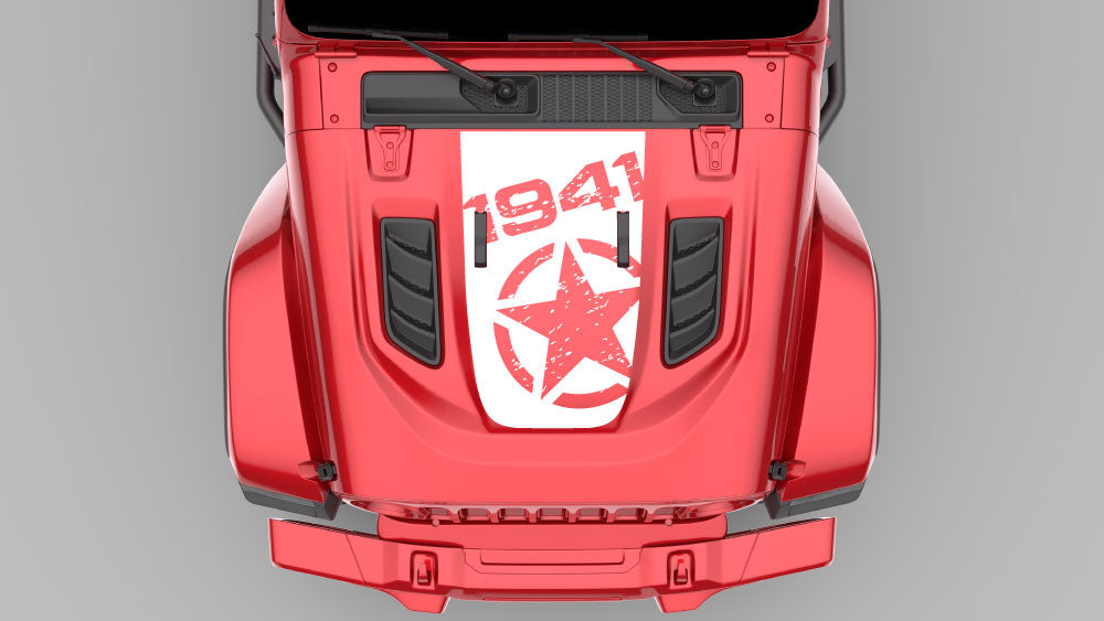 1941 War Star hood decal in white color on Jeep Wrangler JL Gladiator JT hood