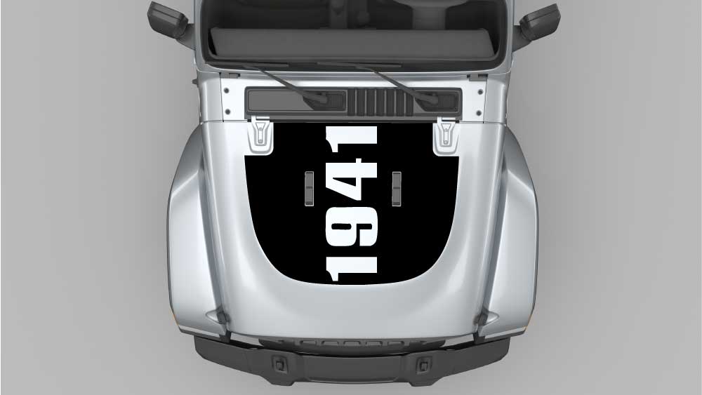 1941 Heritage hood decal graphics in black installed on silver Jeep Wrangler JL hood