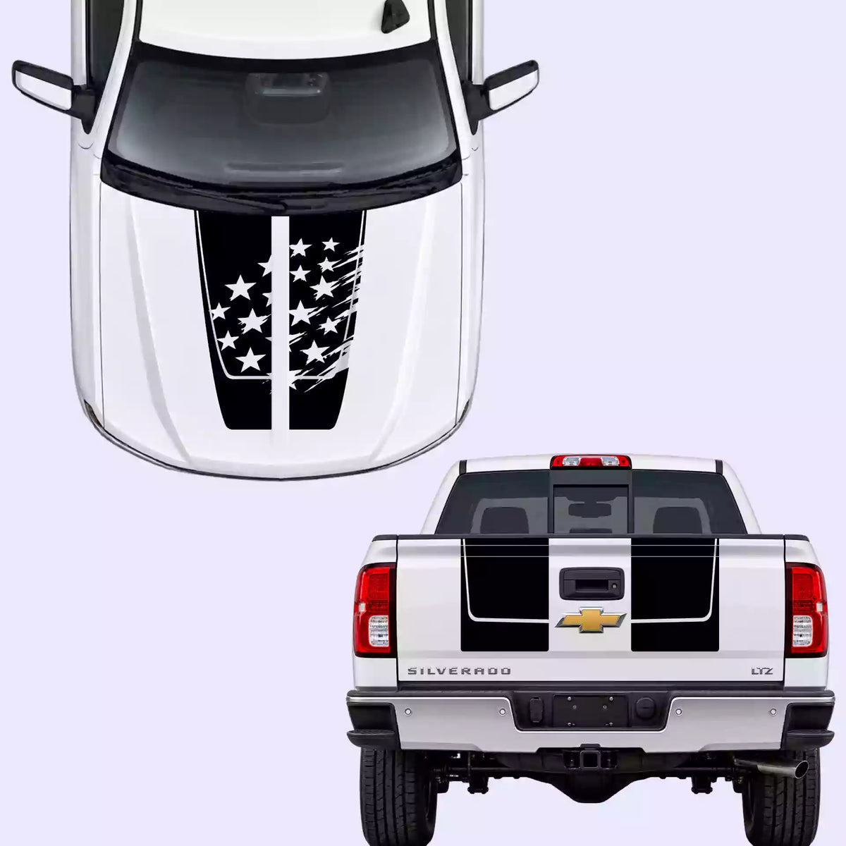  2016-2018 Chevrolet Silverado Shattered American Flag Hood Decal Vinyl Graphics Kit black